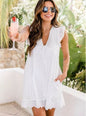 Lace Dresses With Pocket Summer Sleeveless Jacquard Cutout V-Neck Beach Dress