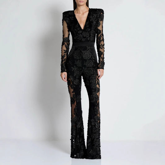 Elegant V-neck One-piece Trousers Stitching Lace Rhinestone Long Sleeve Evening Dress