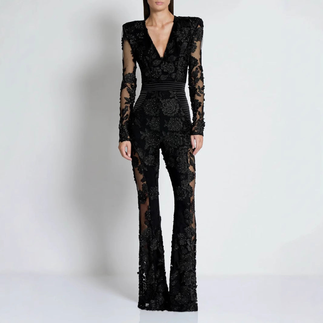 Elegant V-neck One-piece Trousers Stitching Lace Rhinestone Long Sleeve Evening Dress