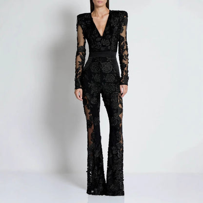 Elegant V-neck One-piece Trousers Stitching Lace Rhinestone Long Sleeve Evening Dress