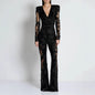 Elegant V-neck One-piece Trousers Stitching Lace Rhinestone Long Sleeve Evening Dress