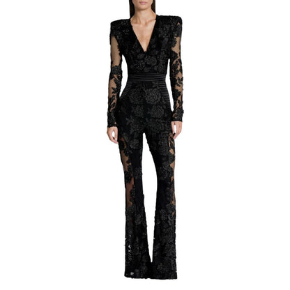Elegant V-neck One-piece Trousers Stitching Lace Rhinestone Long Sleeve Evening Dress