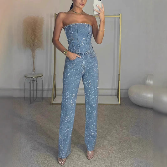 Off shoulder Shiny Vest Diamond Trousers Suit