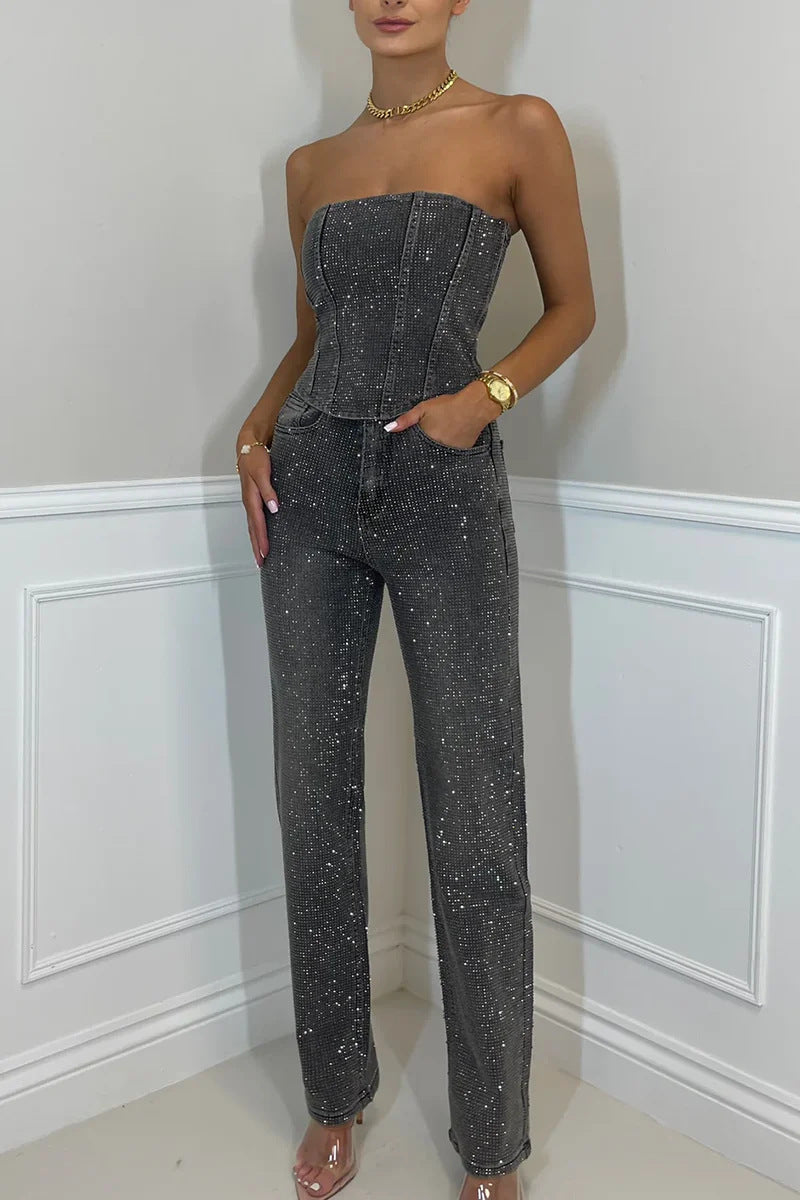 Off shoulder Shiny Vest Diamond Trousers Suit